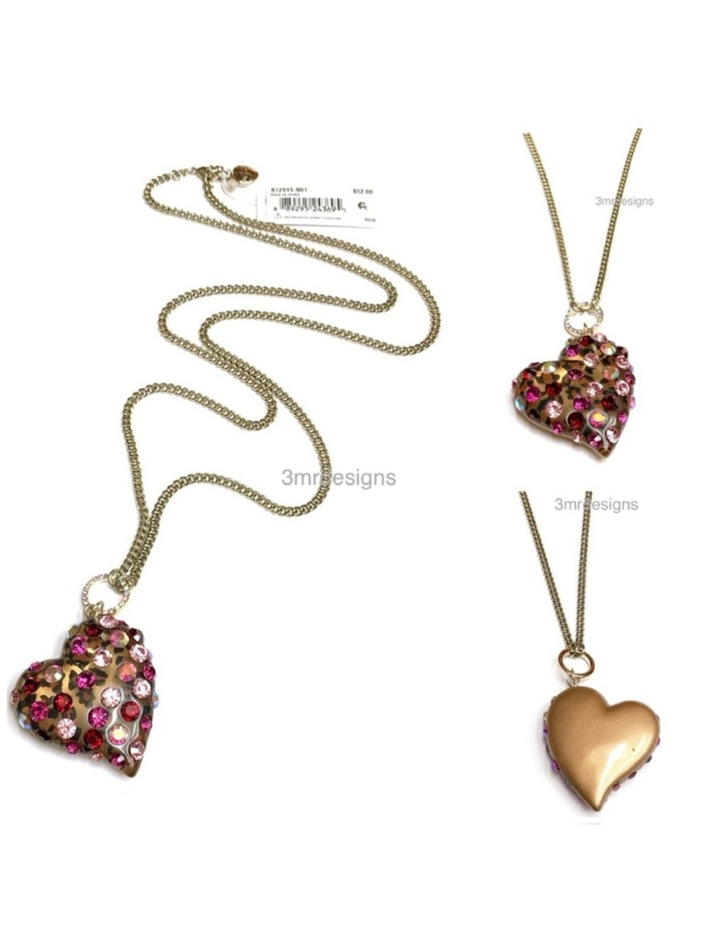 NWT Betsey Johnson💋LUCITE HEART Antique Gold Tone Colored Crystals Long Necklace